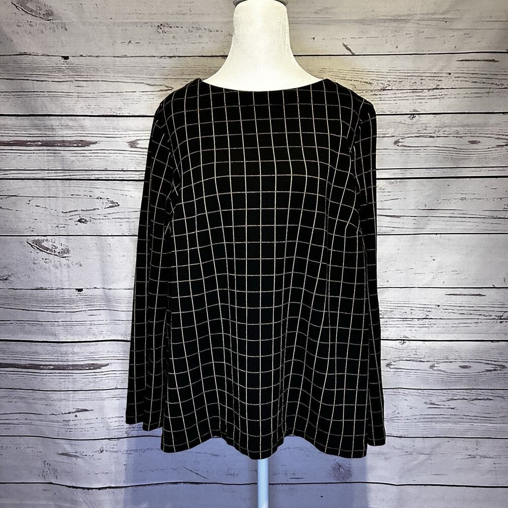J. Jill Ponte Women’s 1X Black Windowpane Plaid Boat Neck Blouse